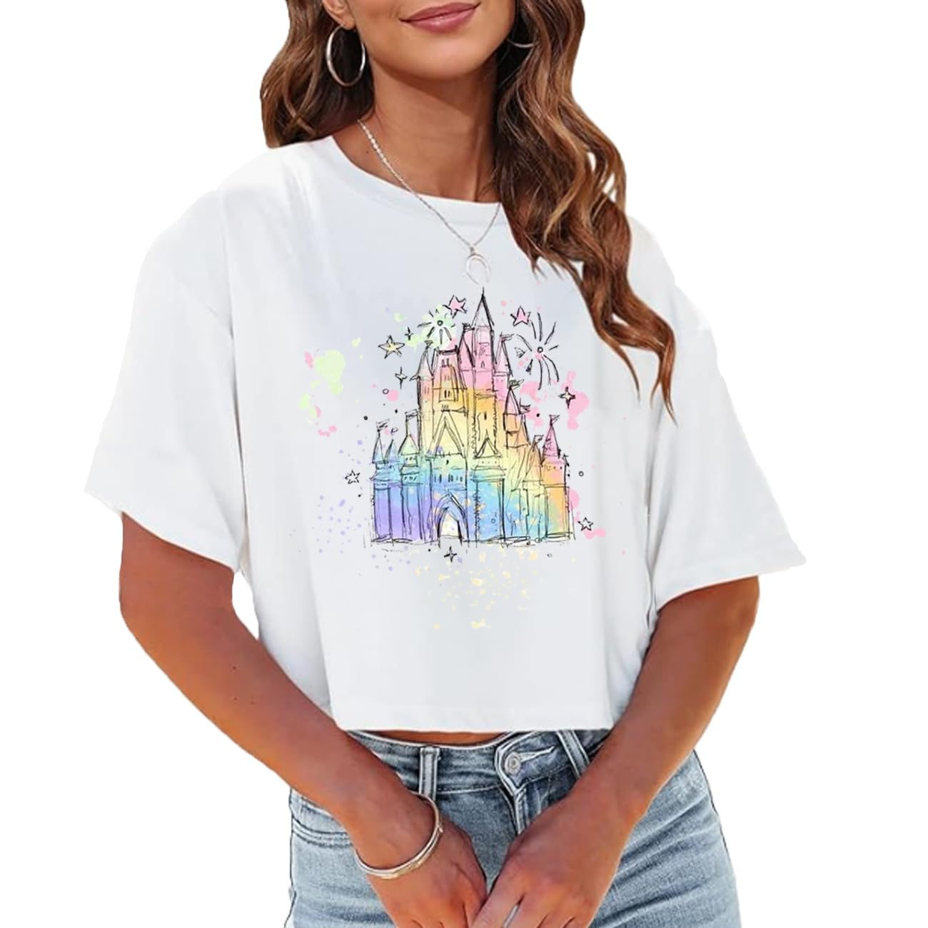 Photo 1 of Magical Crop Tops Women Magic Kingdom T-Shirt Believe in The Magic Cute Castle Graphic Vacation Tee Casual Summer Shirt White small