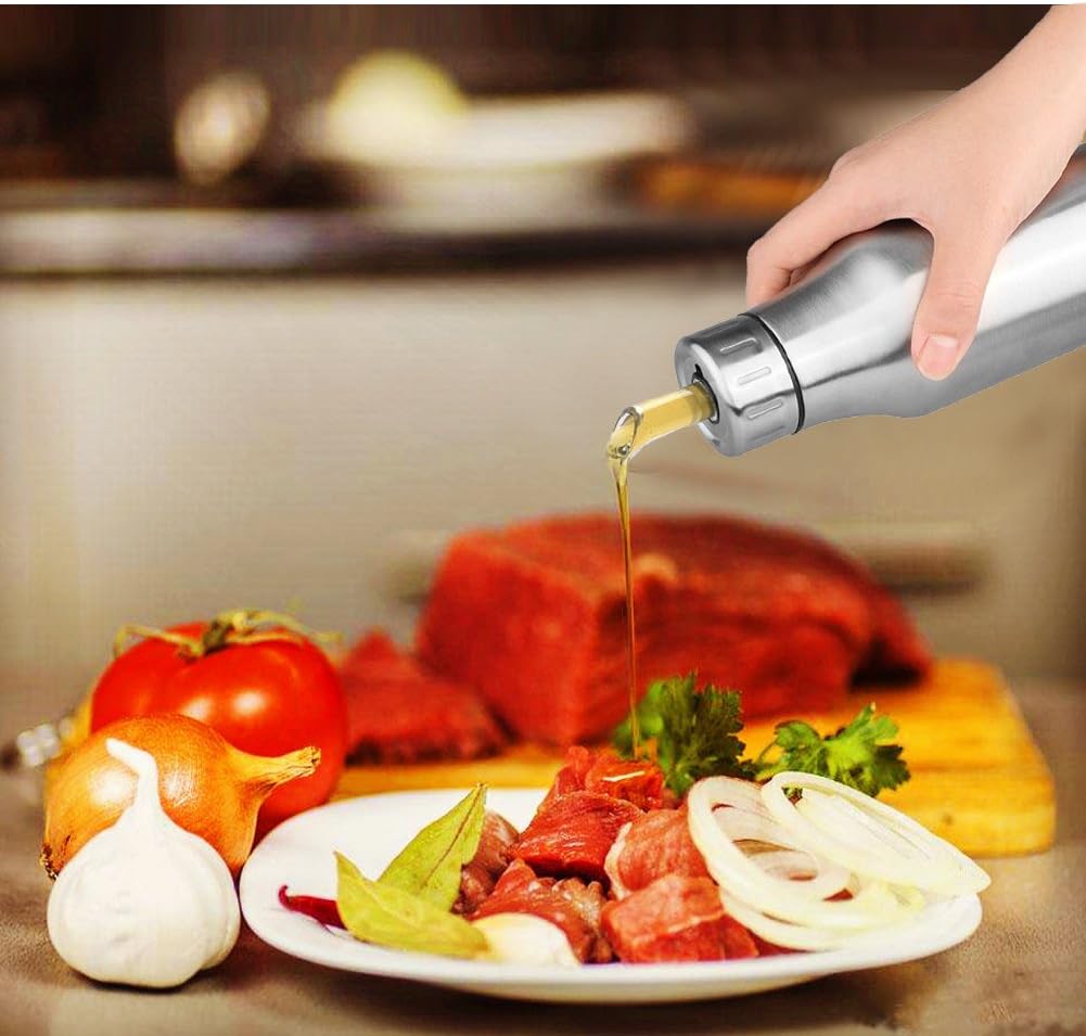 Flyboo Olive Oil Dispenser 17oz Oil Bottle Stainless Steel Leak Proof Olive Oil Decanter for Kitchen (500ML): Kitchen & Dining