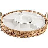AVLA Ceramic Divided Serving Dishes, Porcelain Relish Tray, Party Appetizer Platter, 6 Removable Snack Bowls with Cattail Basket for Chips and Dips, Candy, Nut, Condiment, Veggie, Portable Handle