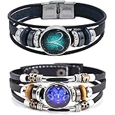 2Pcs Multilayer Constellation Zodiac Leather Bracelet Handmade Woven Zodiac Sign Wrap Bracelet Wristband for Women Men Jewelry Birthday Gift