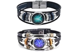 HEWILL 2Pcs Multilayer Constellation Zodiac Leather Bracelet Handmade Woven Zodiac Sign Wrap Bracelet Wristband for Women Men Jewelry Birthday Gift