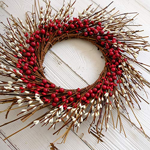 idyllic Rustic Twig Red Berry Wreath 14 Inches Pip Berries Valentine's Day Fall Autumn Indoor Outdoor Decorating Accessory