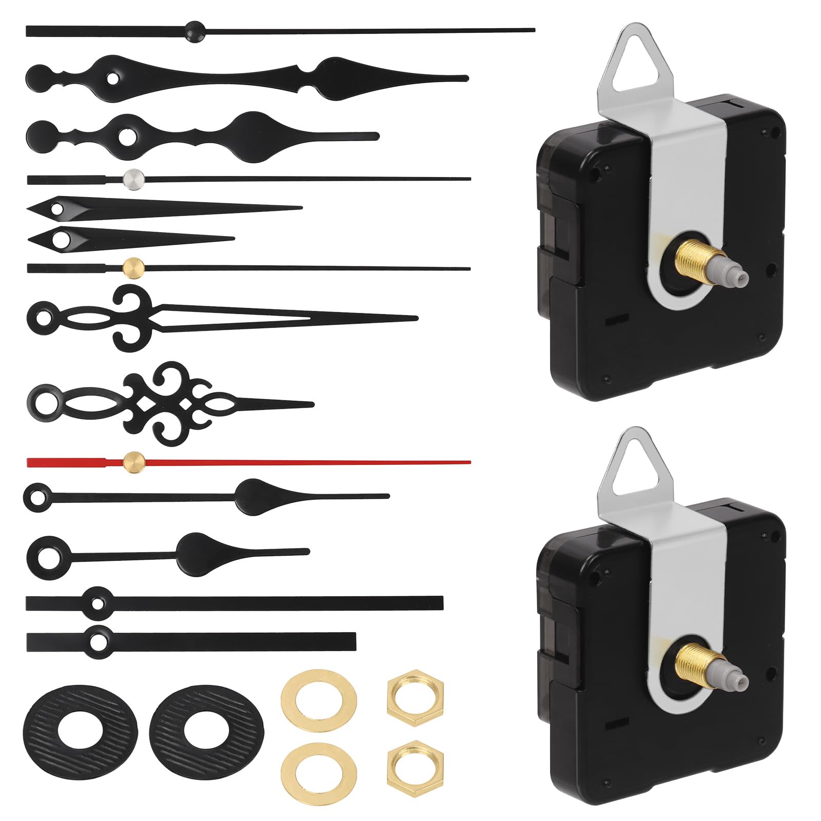Tanstic 2 Sets Clock Movement Mechanism, Silent Quartz DIY Wall Clock Mechanism 16mm/0.63” Shaft with 5 Different Clock Hands Repair Parts Replacement