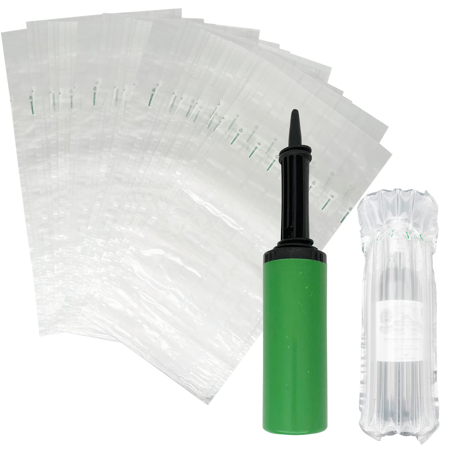 Pack of 50 Inflatable Wine Bottle Bags with Pump, Bubble Packaging Ideal for Moving, Bottle Protection, Shipping Fragile Item, Transparent/Green, M, Packaging