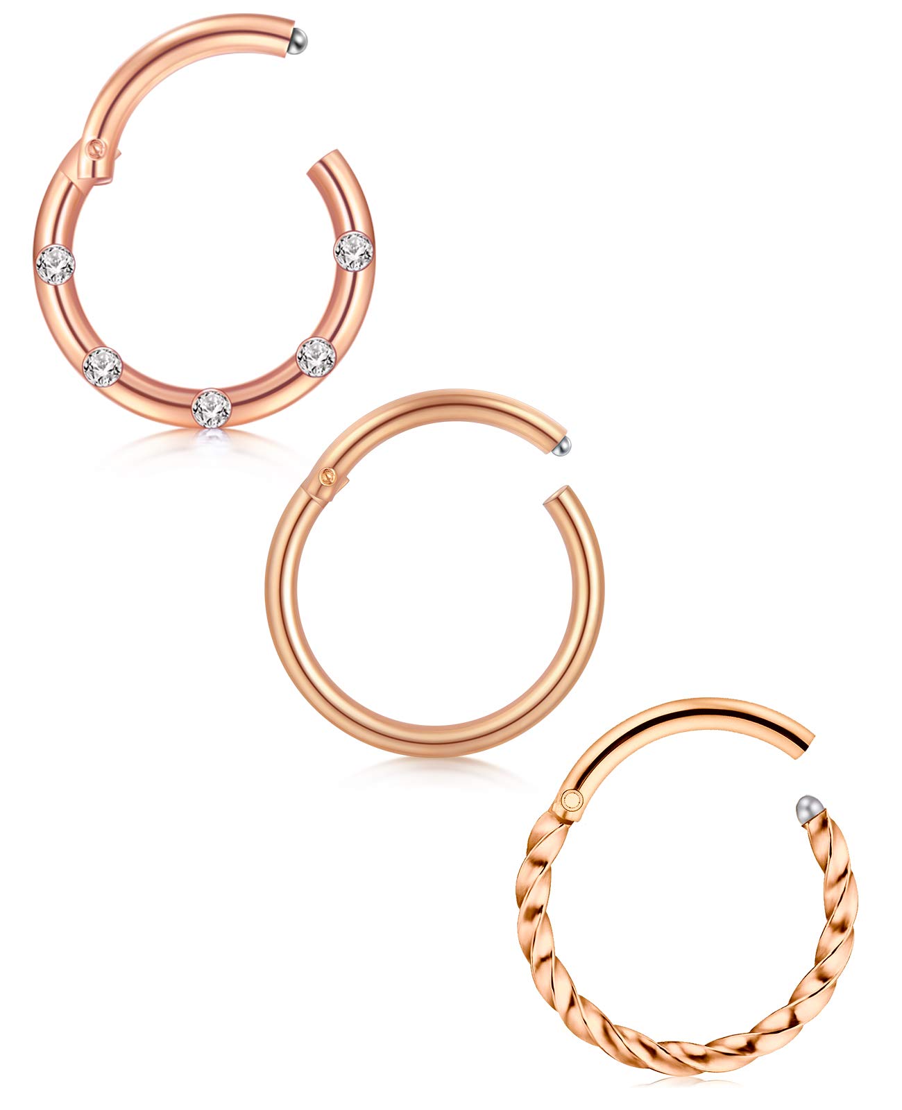 Mayhoop 18GNose Ring Nose Piercing Rings Surgical Steel rose gold 8mm Hinged Segment Clicker Rings Hoop Eyebrow Lip Bars Tragus Daith Helix Earrings Piercing Jewellery 3Pcs