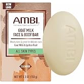 Ambi Goat Milk Face &amp; Body Bar, Moisturizing Formula for All Skin Types, Gentle Enough for Delicate Skin, Fragrance-Free, Hypoallergenic, Non-Comedogenic, Vegan, and Cruelty-Free, 5.3 Ounce
