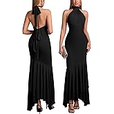 HTZMO Women Halter Tie Formal Wedding Guest Maxi Dress Sexy Backless Bow Bodycon Ruched Cocktail Party Long Dresses