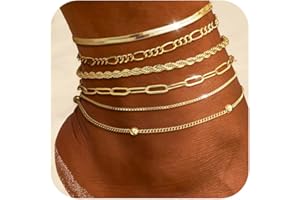DEARMAY 14K Gold Plated Layered Cuban Link Chain Anklets for Women Waterproof - Dainty Ankle Bracelets for Women Non Tarnish Gold Jewelry Cute Anklets Set Pack Summer Beach Gift