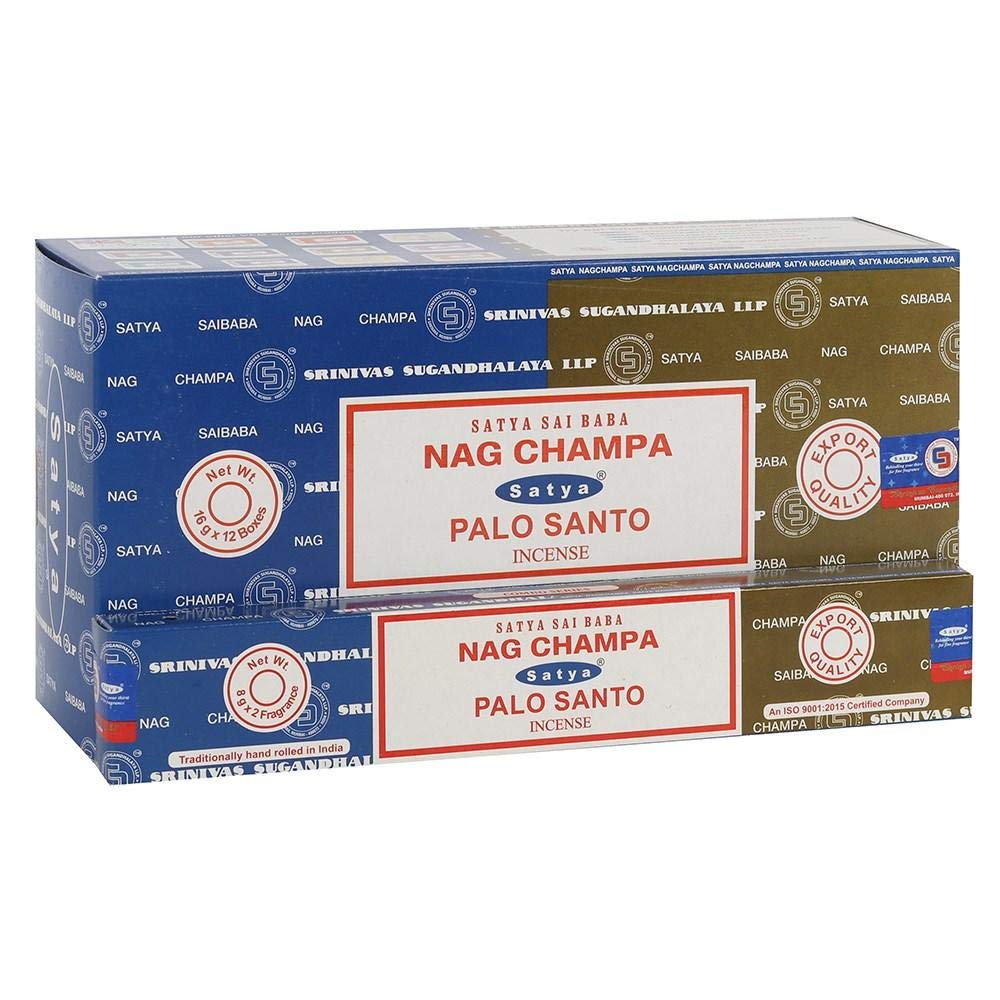 Satya 01327 Nag Champa & Palo Santo Combo Set of Incense Sticks, 12 Packs x 16g, Multi, One Size