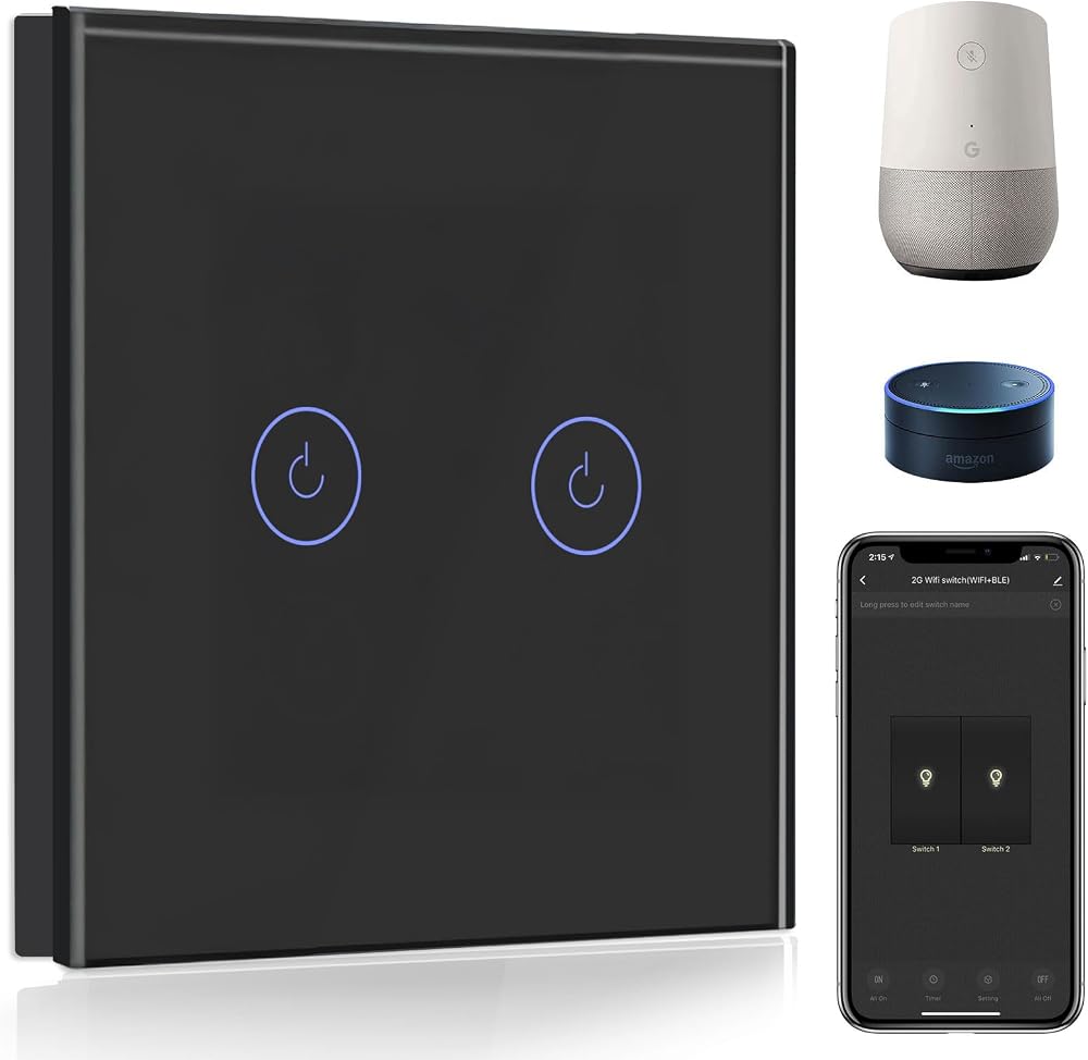 BSEED Smart Light Switch 2 Gang 1 Way WiFi Alexa Google Home Neutral Wire