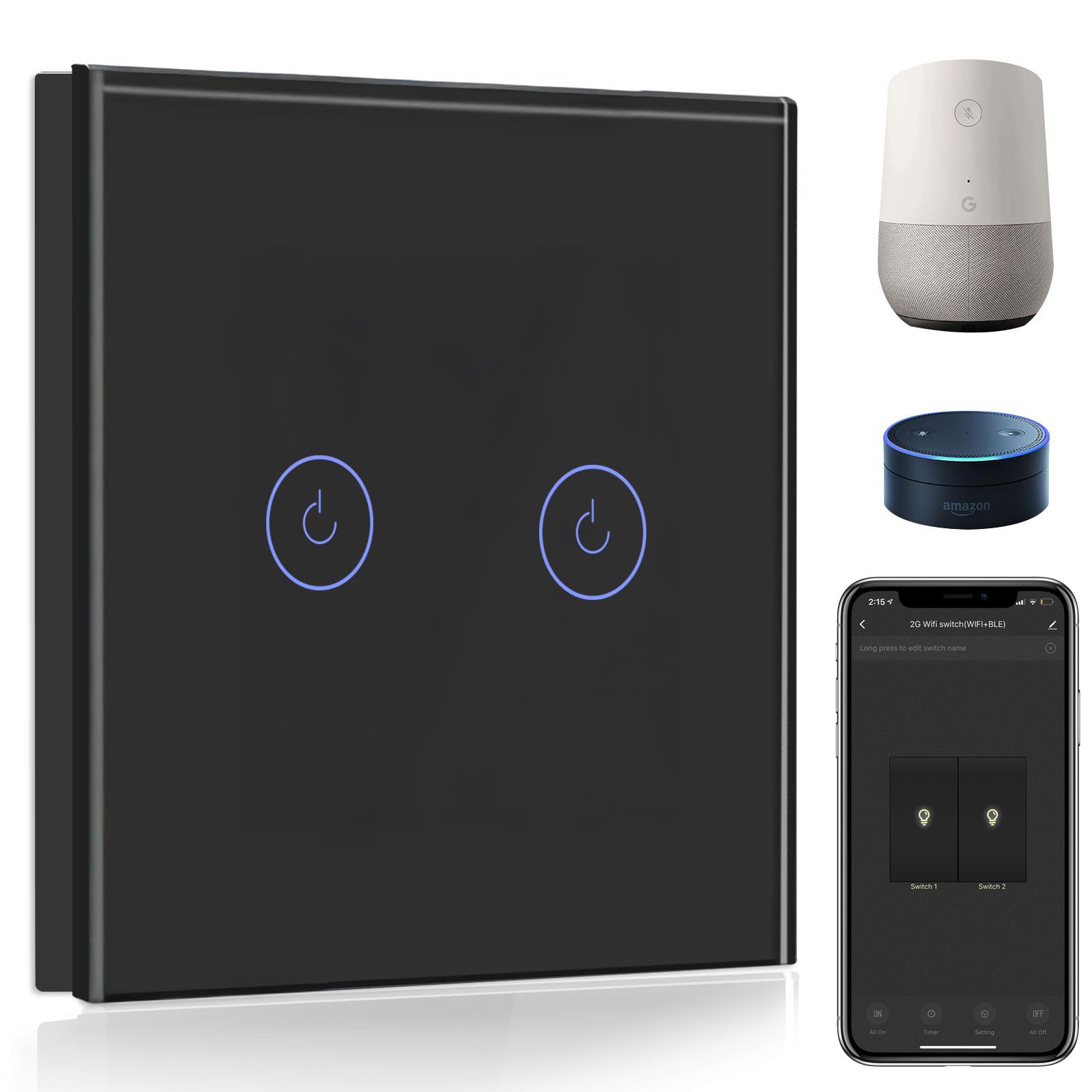 BSEED Smart Light Switch,Compatible with Alexa and Google Home,2 Gang 1 Way WiFi Touch Switch,2 Way or Multi-Way Control by SmartLife APP,Black Alexa Switch with LED Indicator Light-Neutral Wire Need