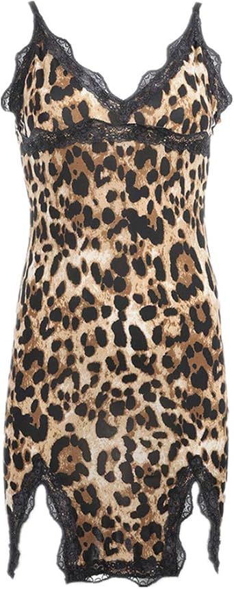 Ropa de Dormir Sexy para Mujer Vestido de Noche de Leopardo con Cuello
