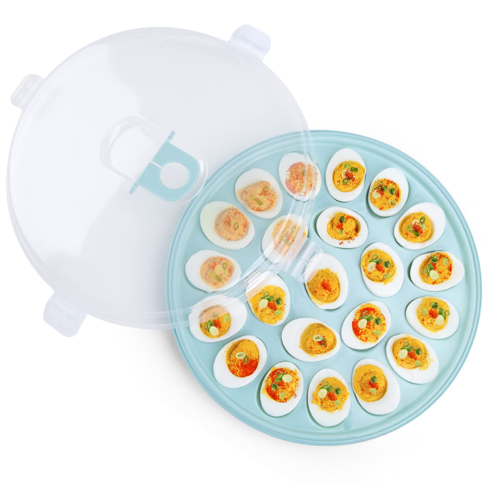 Photo 1 of HAKSEN Deviled Egg Containers with Lid, Portable Deviled Egg Platter Carrier Holder Trays with 22 Slots for Holiday Party and Home Kitchen, Blue