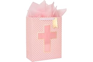 Loveinside Pink Gift Bag with Cross Design, Tissue Paper for Baby Girl Baptisms, Christenings, First Communions Religious Occasion- 10" x 5" x 13", 1 Pcs