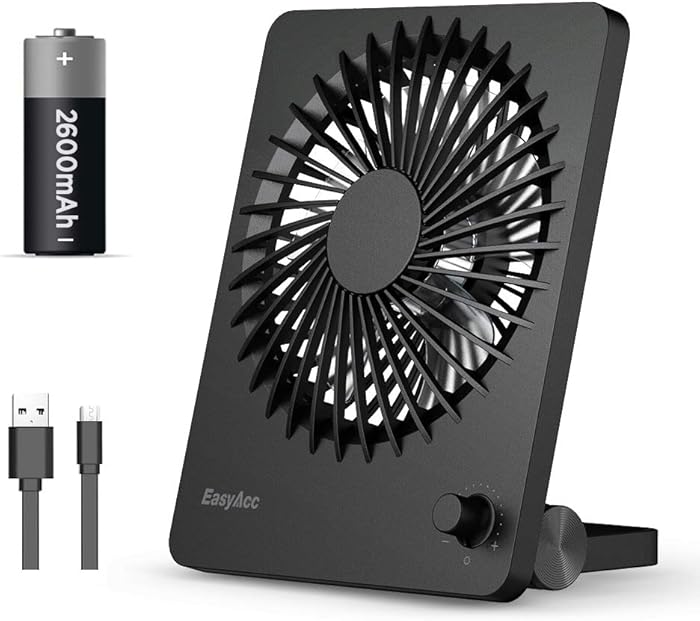EasyAcc Desk Fan,Rechargeable Personal Battery Fan Portable Mini USB Fan 160&deg; Vertical Rotation Stepless Speed Regulation Table Fan Quiet 2600mAh Battery Powered Fan for Camping Office Outdoor-Black