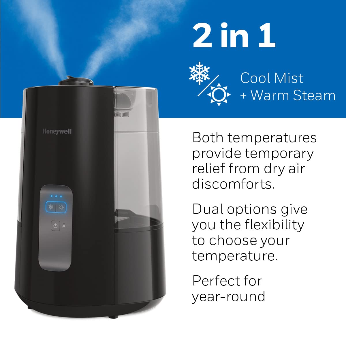 Honeywell Dual Comfort Cool + Warm Mist humidifier. Humidifier for Bedroom, Office, Living Room and Home. Provides Temporary Relief from Dry air discomforts - Black, HWC775B