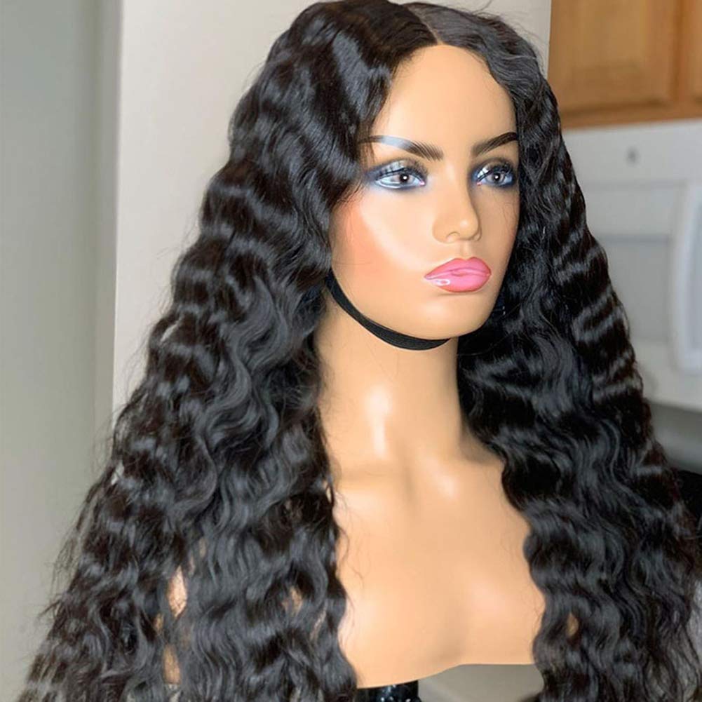 Full Lace Human Hair Wig Fake Scalp Glueless Deep Wave Full Lace Wigs Pre Plucked 10A Brazilian Virgin Human Hair Wigs for Black Women with Baby Hair Women Gifts Medium Cap #1 Jet Black 130% 16"
