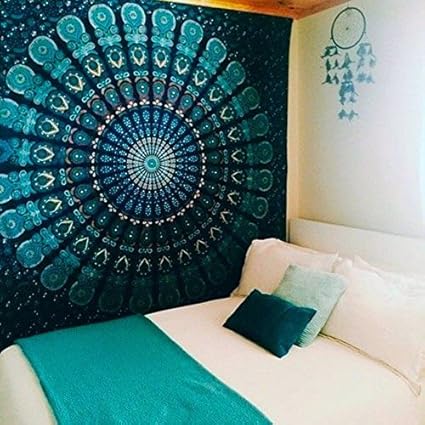 Sovereigns Cotton Hippie Mandala Bohemian Psychedelic Intricate Floral Design Indian Magical Thinking Bedspread (Medium, Green Peacock Feather)