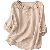 qvdvap Women's Cotton Linen Blouse Embroidered Puff Short Sleeve Tops Casual Loose Fit Henley Neck Summer Shirts