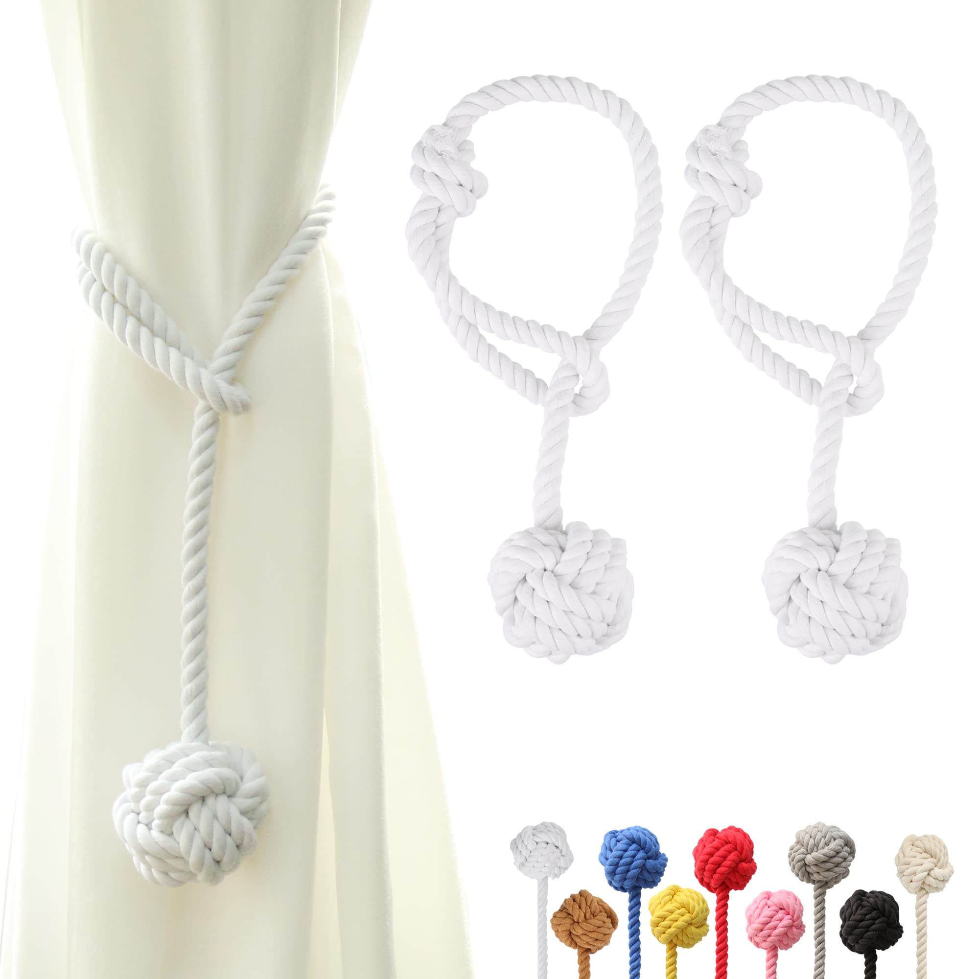 OCIOLI 2 Pieces Curtain Tiebacks Curtain Holdbacks Curtain Ties with Big Woven Ball Outdoor Curtain Tiebacks Cotton Hand Woven Curtain Rope tiebacks Decorative Tie Backs for Drapes (White)