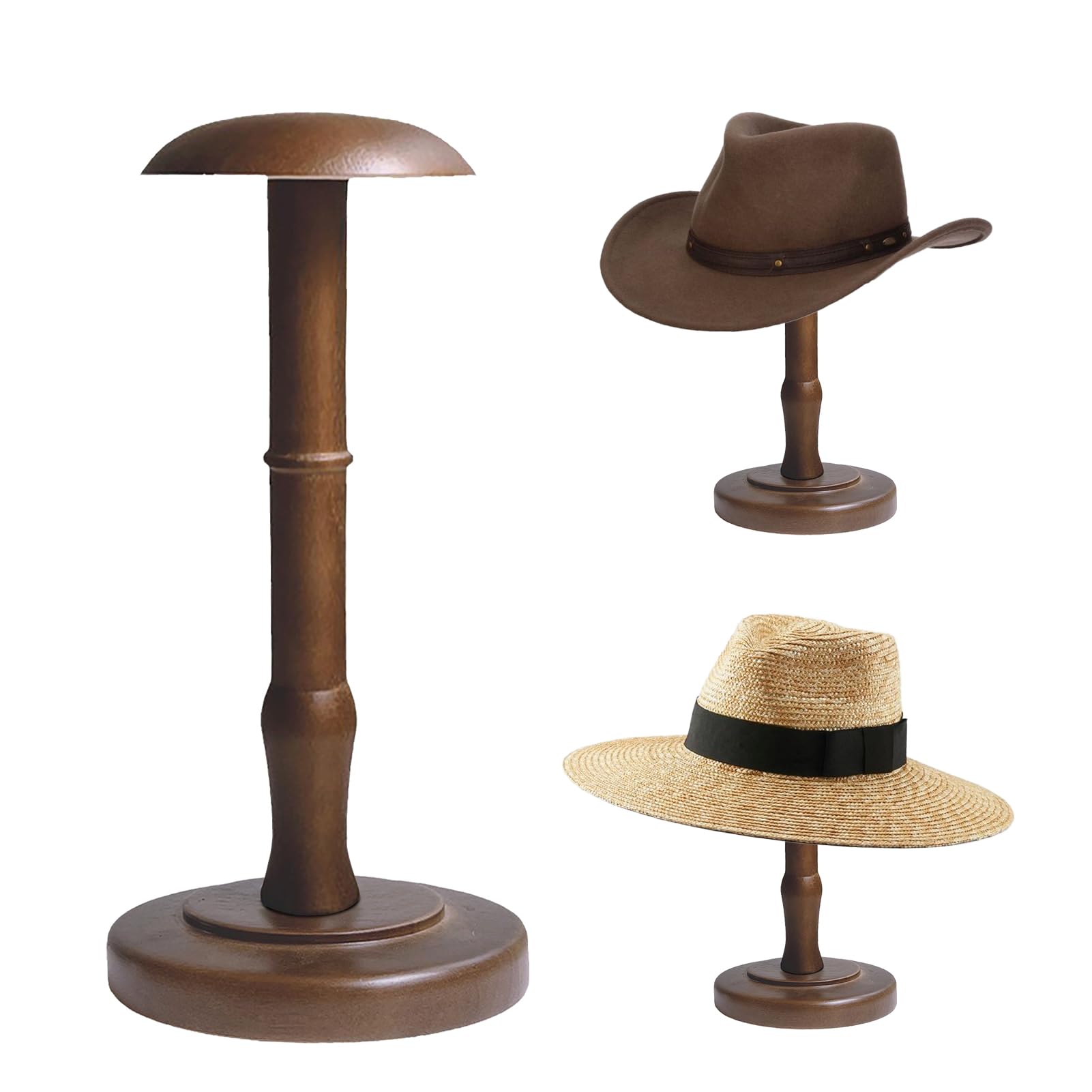 TINGSING Vintage Hat Rack Stand Rustic Brown Hat Display Stand Tabletop Cap Organizer Cowboy Hats Holder Wig and Helmet Stands for Closet, Home Decor, Large