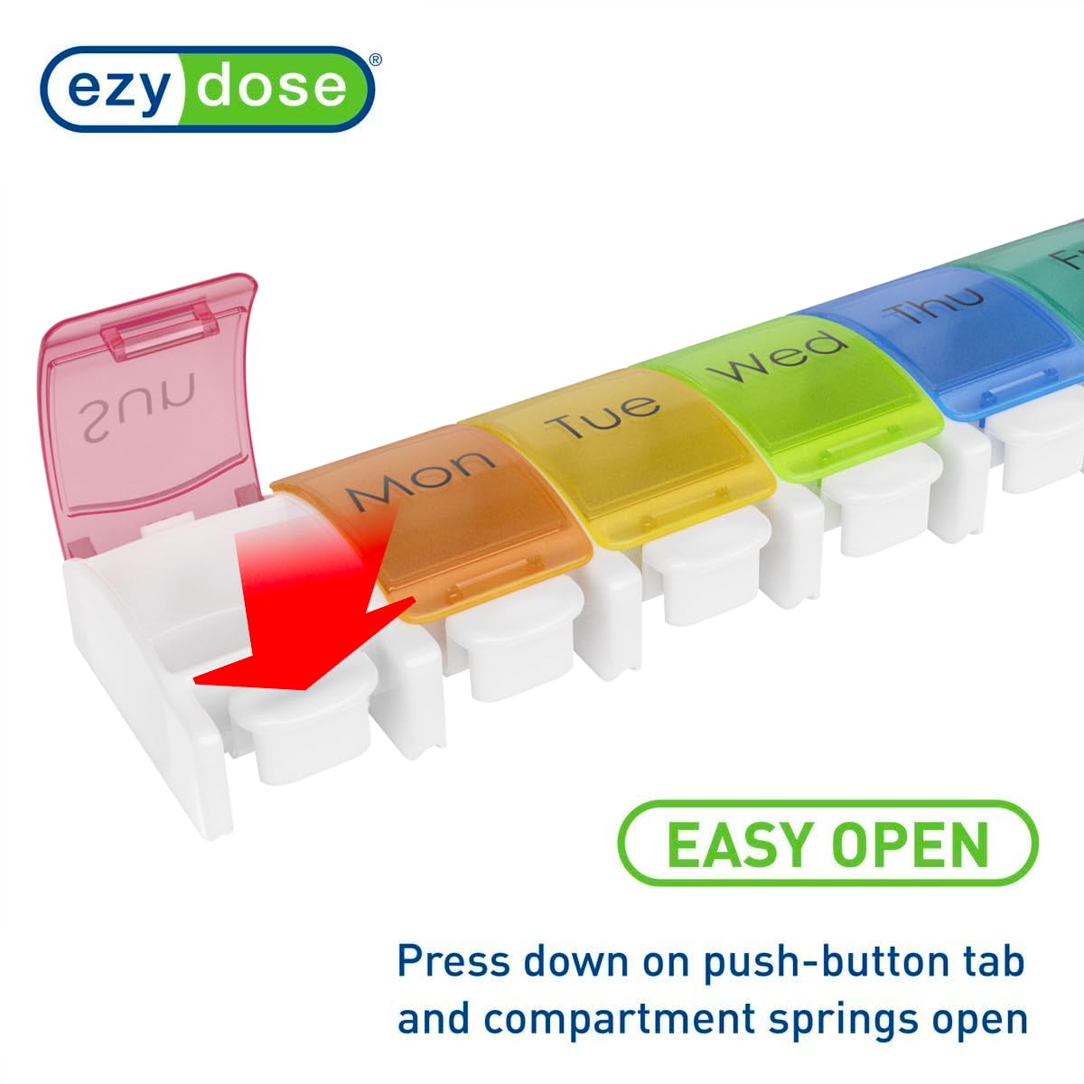 EZY DOSE Weekly 7-Day Pill Planner, Vitamin Organizer and Medicine Case, X-Large Push-Button Compartments for Easy Access, Durable Design with Colorful Rainbow Lids, Perfect for Home and Travel Use