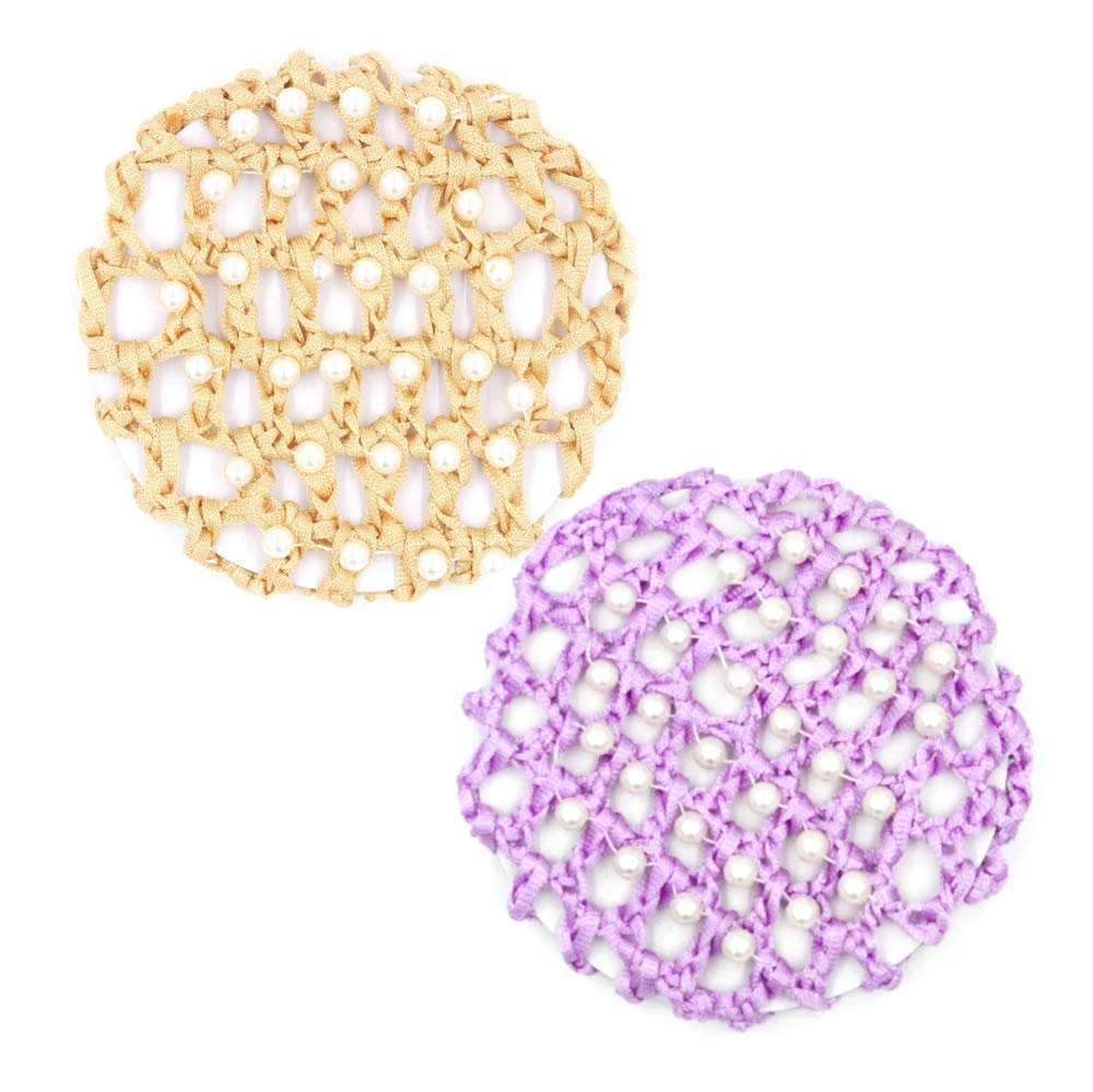 Furling Pompoms Pearl Hand-woven Hair Net Elasticated Hair Net Bag Thick Net Mesh Bun Cover Hair Accessories for Ballet Dancing Sports Pack of 2 pcs (Lilac & Champagne)
