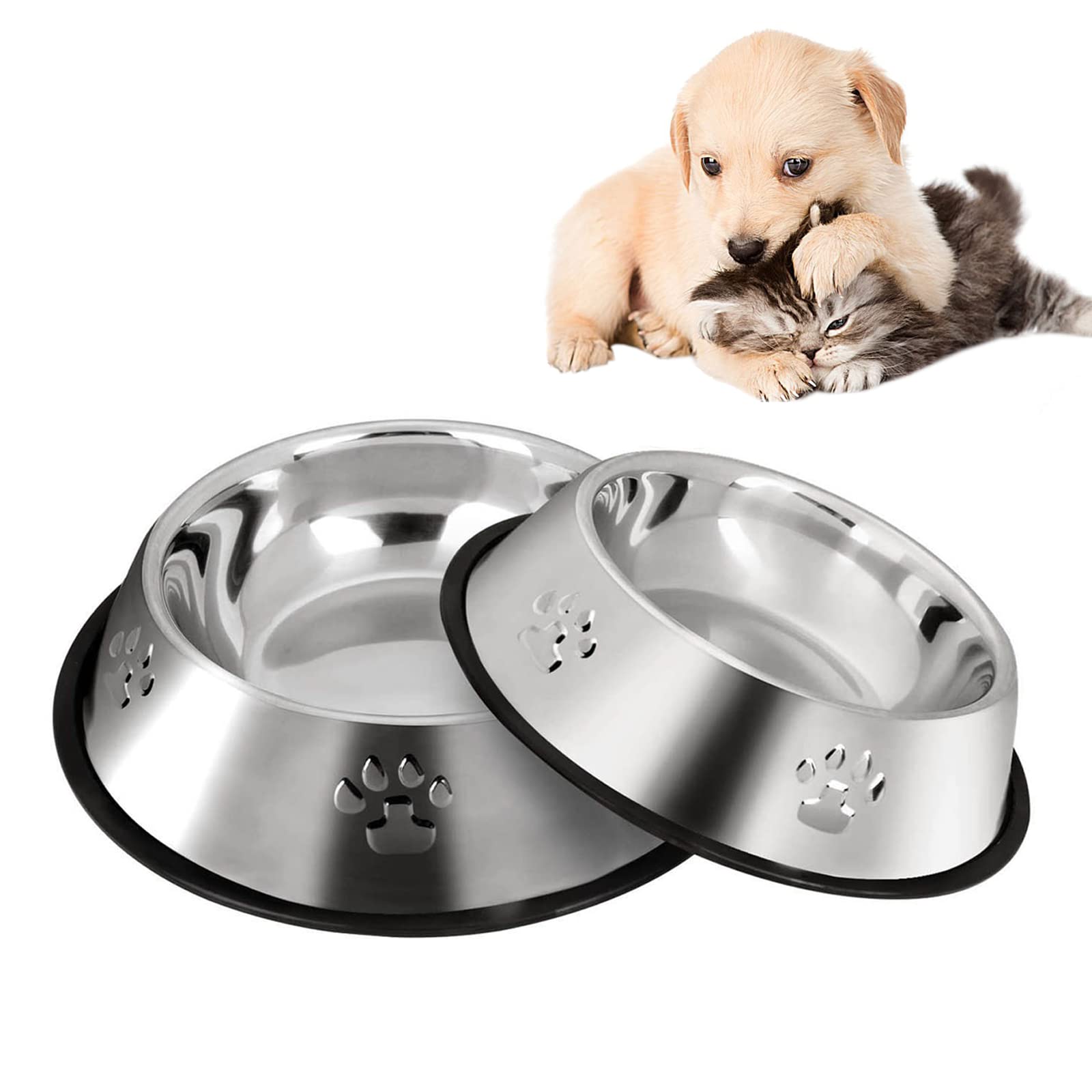 YUDANSI 2PC Paw Prints Stainless Steel Dog Bowls, 350ml Dog Feeding Bowls, Cat Plate Bowls with Rubber Bases, Small, Medium and Large Pet Feeder Bowls and Water Bowls