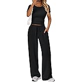 GraceSelect 2 Piece Lounge Set for Women Summer, Slim Short Sleeve Top Wide Leg Pants Workout Matching Outfit 2026 Trendy