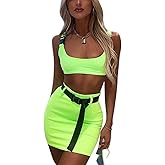 Women Sexy Buckle Tank Crop Tops Mini Skirt Set 2 Piece Rave Outfit Party Clubwear Bodycon