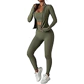 Women’s 3 Piece Workout Set – Sports Bra, Leggings & Jacket with Thumbholes – Yoga Outfit Activewear for Gym Running Training