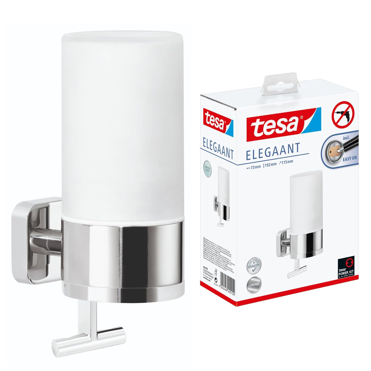 tesa ELEGAANT Soap Dispenser 230 ml - Self-Adhesive Hand Soap Dispenser in White Frosted-Glass Design with Pull Function - Waterproof, incl. Power.Kit Adhesive Solution - 192mm x 73mm x 115mm