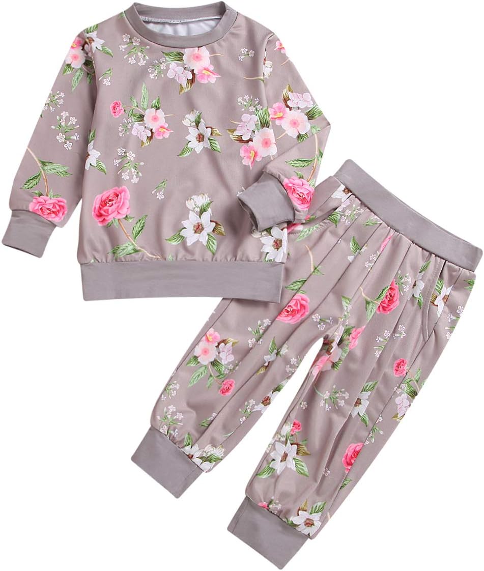 puseky Baby Girls Flower Long Sleeve Sweatshirt+Pants Tracksuit Outfits Sets