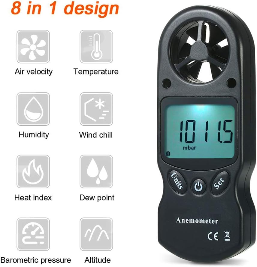 TYZXR 8 in 1 Portable Anemometer, Multi-functional Meter,Wind Speed/Wind Chill/Air Temperature/Humidity/Heat Index/DEW Point/Barometric Pressure/Altitude