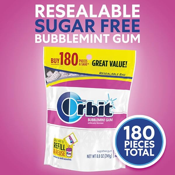 ORBIT GUM BUBBLEMINT SUGAR FREE CHEWING GUM BULK PACK, 180 PIECE RESEALABLE BAG