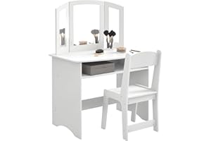 Qaba Kids Vanity Set, 2 in 1 Makeup Dressing Table with Mirror and Stool, Pretend Play Writing Table, Storage Shelf, Detachab