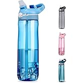 DEARART 24oz Water Bottles With Straw, 100% Leakproof BPA FREE Flip Up Lid Clear Bottle With Handle, Easy Carried Suit Office Sports Travel Gym Yoga, Light Blue