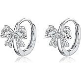 Reffeer Solid 925 Sterling Silver CZ Bow Hoop Earrings for Women Teens Cute Bow Earrings Huggie
