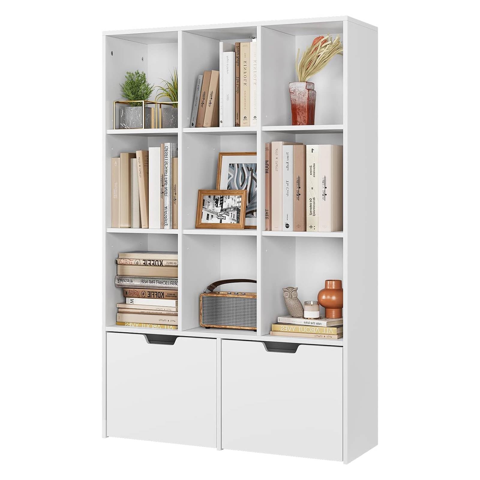 Photo 1 of GAOMON White Bookshelf, Modern Bookcase Storage Cabinet with 9 Lockers and 2 Large Storage Drawers, Free Standing Storage Organizer Book Shelves for Living Room, Office, Study, Kitchen