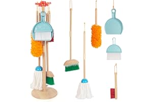 WOODENEDU Kids Cleaning Set, Housekeeping Play Set Includes Broom Mop Duster Dustpan Brushes Rag and Organizing Stand, Cleaning Toys Gift for Toddlers Girls Boys Age 3-6, Solid Beech Wood (Blue)