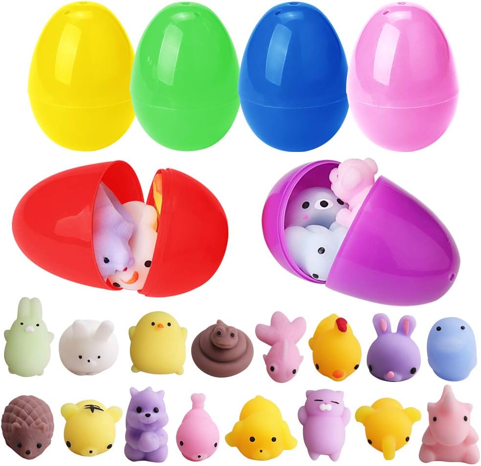 GEEKERA Mochi Squishies Toys Moj Moj Party Favors for Kids Adults 24pcs Mini Kawaii Squishy Animals Squeeze Stress Relief Toys Soft Balls with Filled Eggs