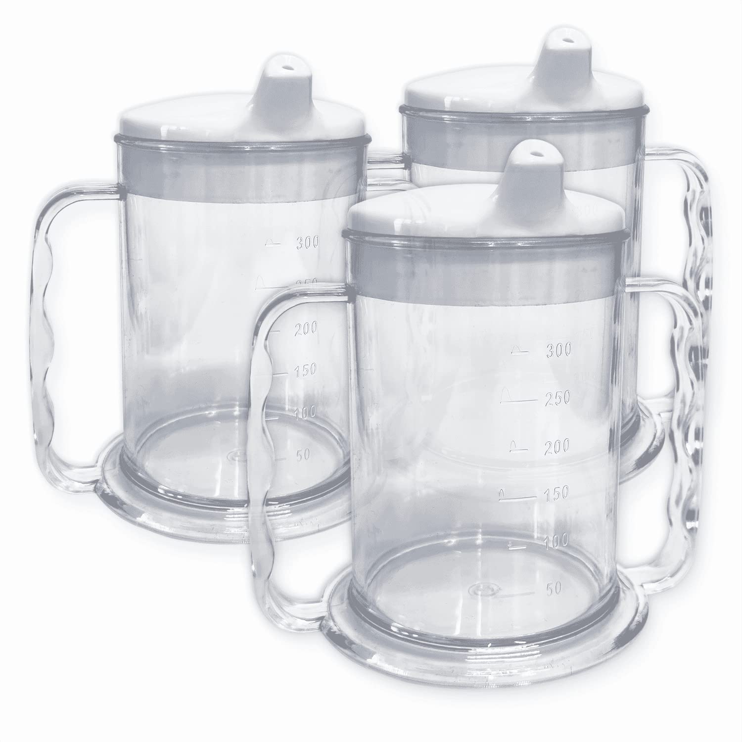 Wide Base Two Handled Drinking Cup with Drinking Lid - Pack of 3 | Adult Drinking Aid Mug Elderly Small Spout Drink Lid Double Handle Dementia Arthritis Weak Grip Drink Cup Stable