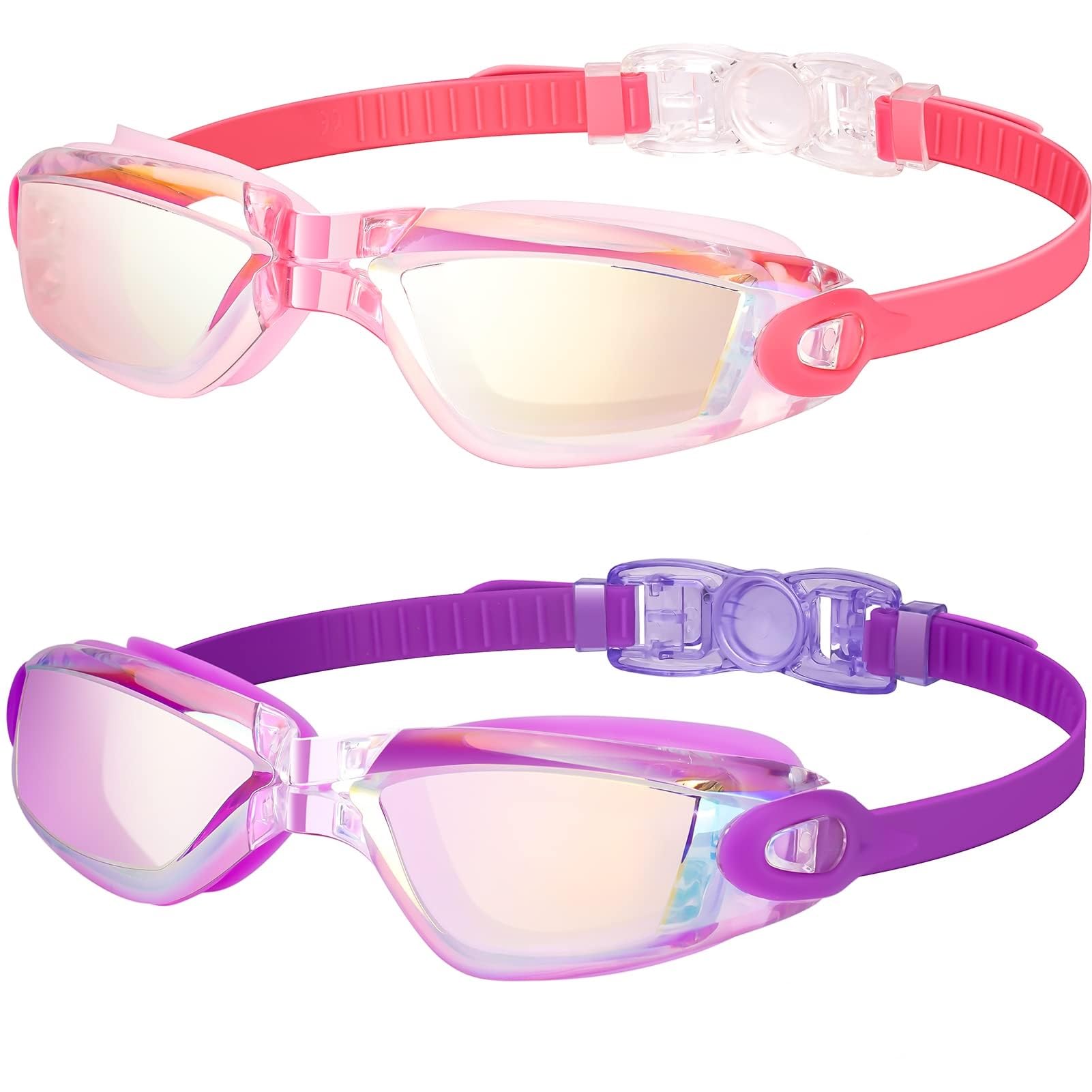EasYoung Kids Swim Goggles, 2-Pack Swimming Goggles for Children, Teens, Boys or Girls, UV Protection Swim Pool Goggles, 06.Pink Mirrored+Purple Mirrored