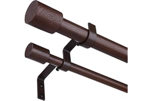 WOLISTSA Double Curtain Rods for Windows 66 to 120 Inch, Adjustable Decorative 1'' Heavy Duty Walnut Wood Dual Curtain Rod, Boho Long Spliced Window Treatment Rods with Modern Faux Wood Grain Finials
