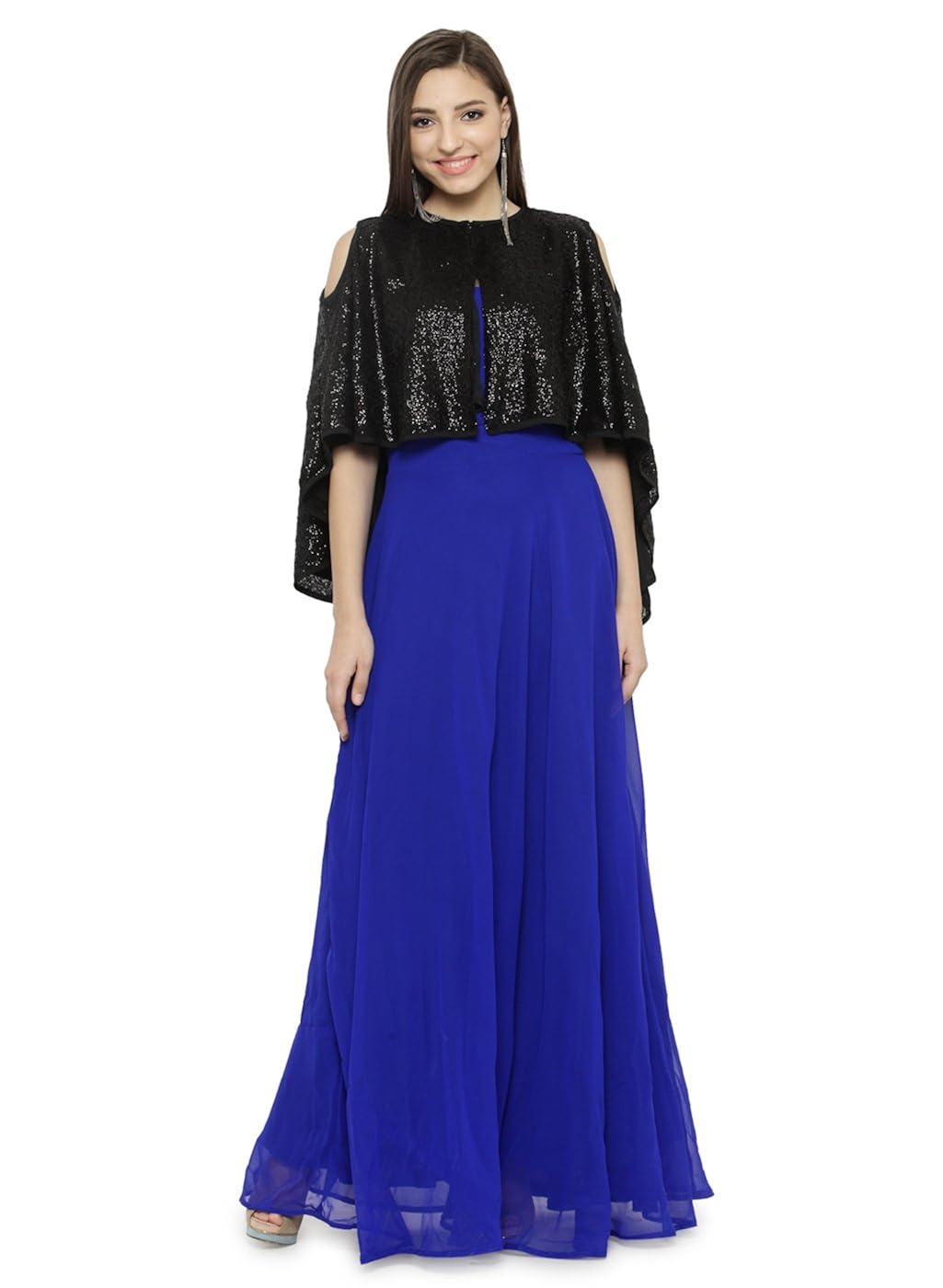 just wow royal blue & black poly georgette women's dress