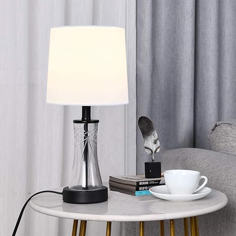 Amazon Com Popity Home Farmhouse Black Clear Glass Table Lamp Modern Accent Small Bedroom Bedside Lamps Mini Desk Lamps With White Fabric Shades For Living Room Nightstand Home Improvement