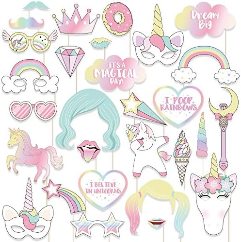 LOLOAJOY 30PCS Rainbow Birthday Party Supplies Decorations Unicorn Photo Booth Props