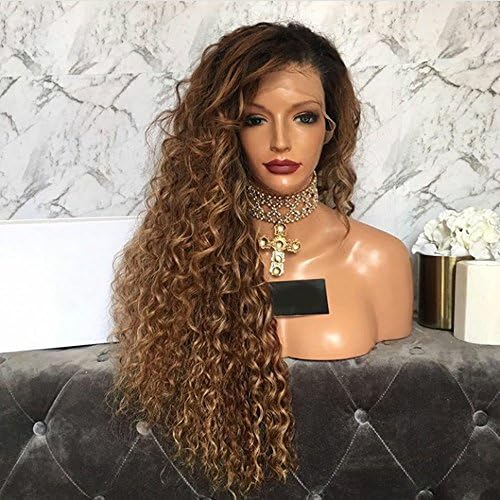 Wicca 180% Thick Ombre Long Curly Brown Lace Front Wigs Side Part Natural Curly Brazilian Human Hair Lace Front Wig With Baby Hair Pre Plucked (18inch 180%, Lace front wig)
