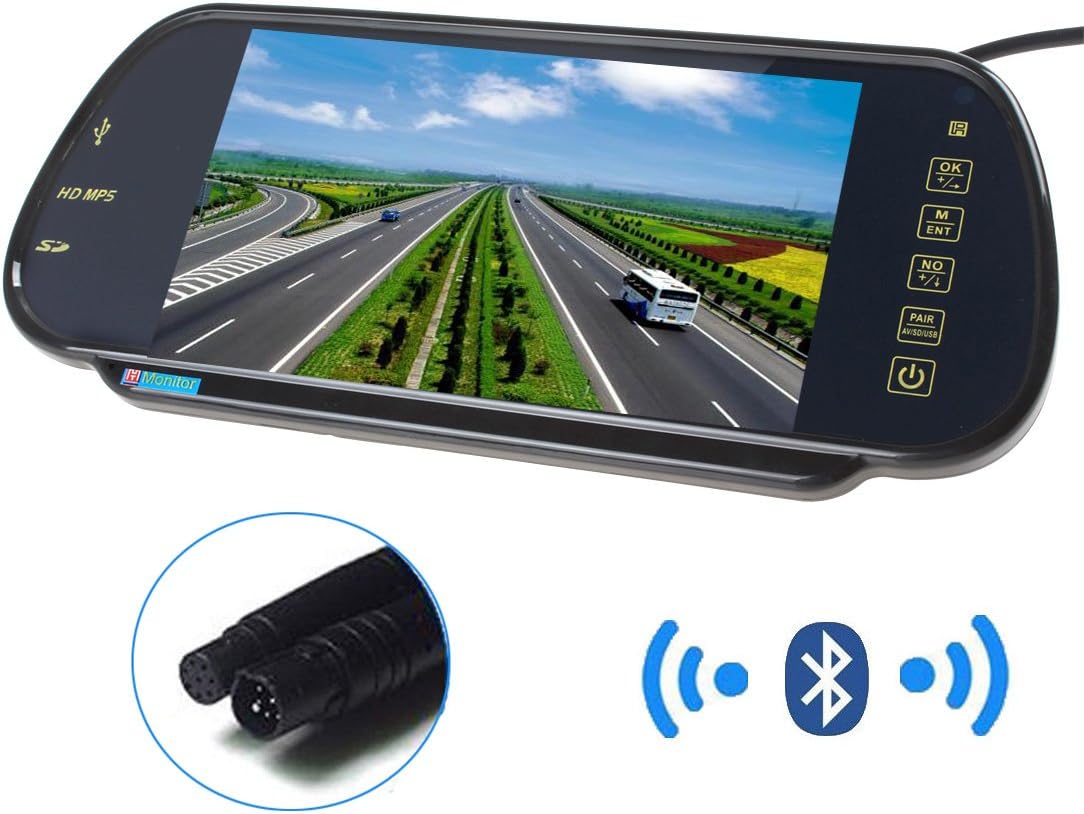 PONPY 7" 16:9 HD USB Bluetooth MP5 FM SD TFT LCD Color Screen Car Rear View Mirror Monitor for Car Camera/DVD/VCD/STB/Satellite Receiver