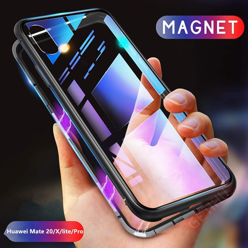 Aluminum Alloy Metal Case for Huawei Mate 20/ Mate 20 Pro/Mate 20 X/Mate 20 Lite, Magnetic Hybrid Metal Frame Case with Clear Tempered Glass Back (Black+Blue, Huawei Mate 20 X)